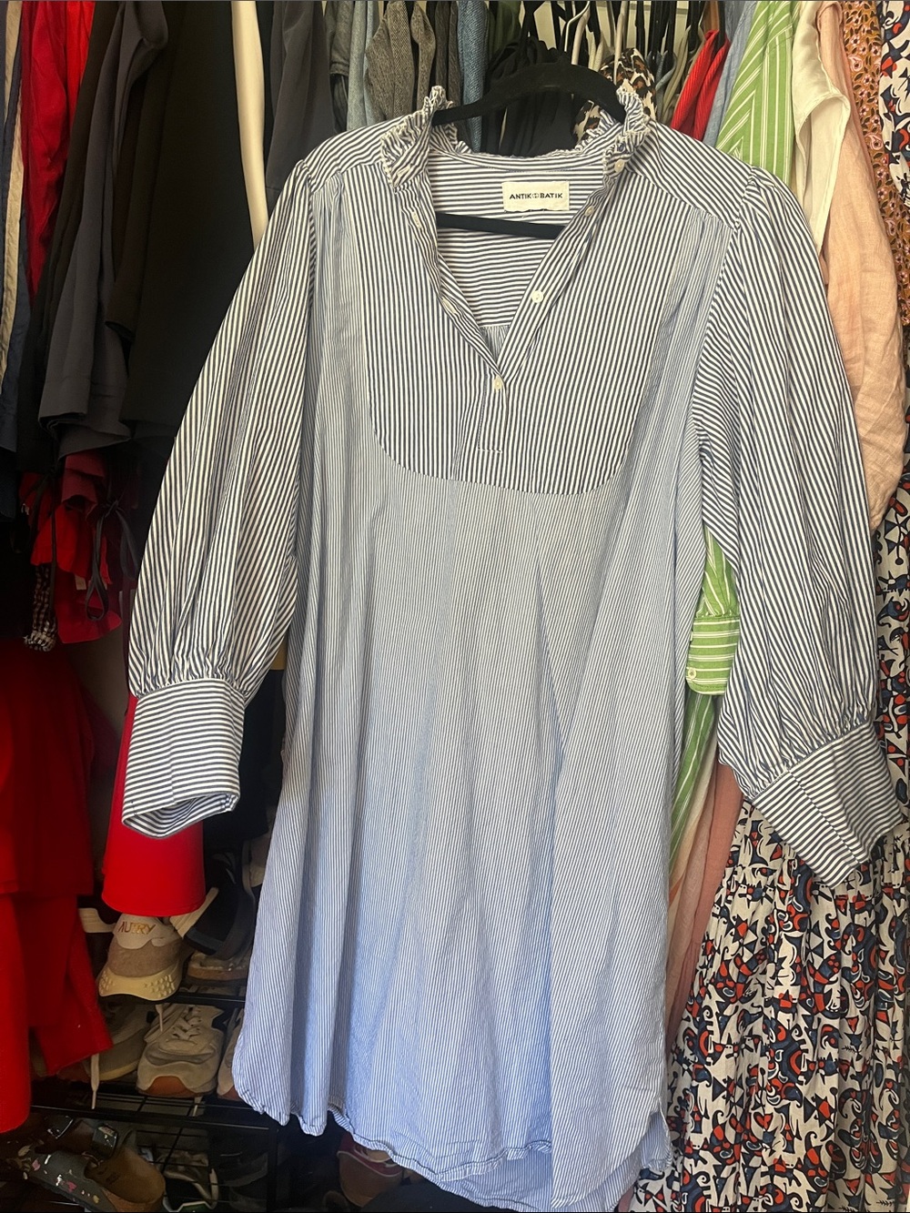 Antik Batik Blue & White Striped Popover Dress